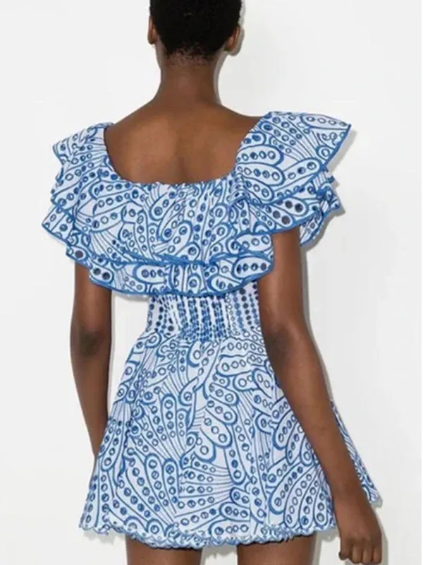 One-Shoulder Mini Dress with Ruffle Edge and Hollow Embroidery
