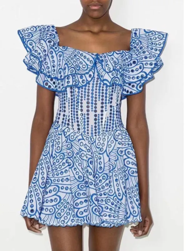 One-Shoulder Mini Dress with Ruffle Edge and Hollow Embroidery