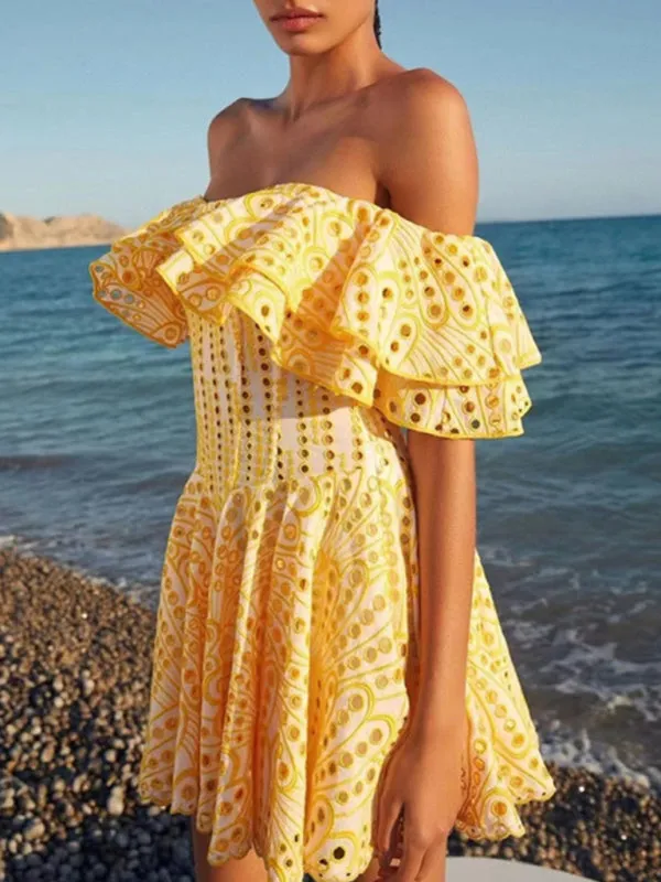 One-Shoulder Mini Dress with Ruffle Edge and Hollow Embroidery