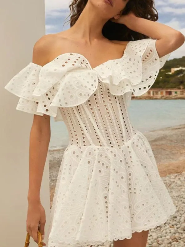 One-Shoulder Mini Dress with Ruffle Edge and Hollow Embroidery