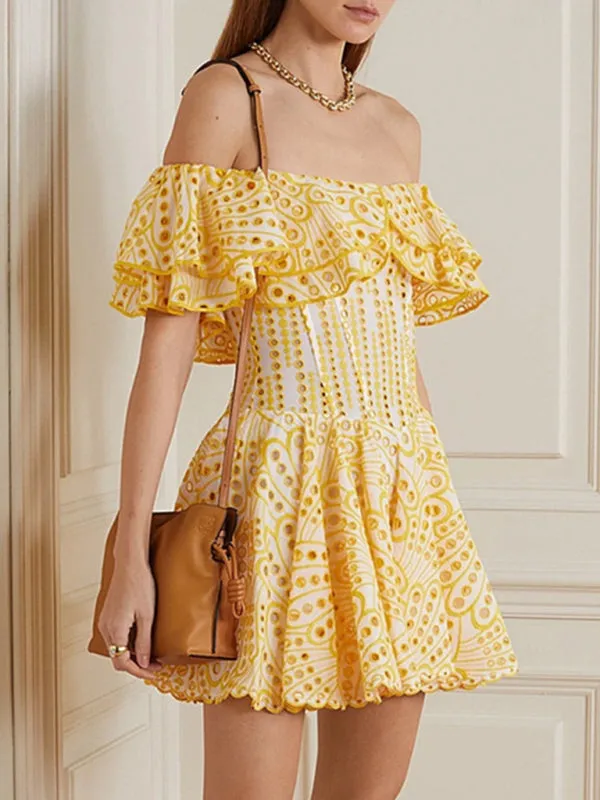 One-Shoulder Mini Dress with Ruffle Edge and Hollow Embroidery