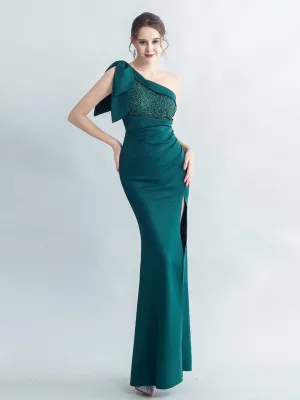 One Shoulder Panel Lace Split Prom Dress MYC2005