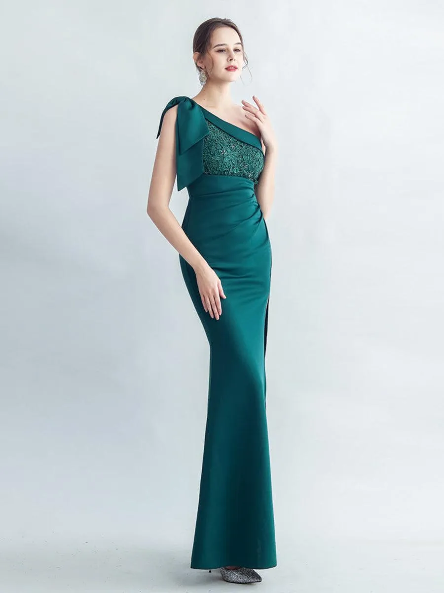 One Shoulder Panel Lace Split Prom Dress MYC2005