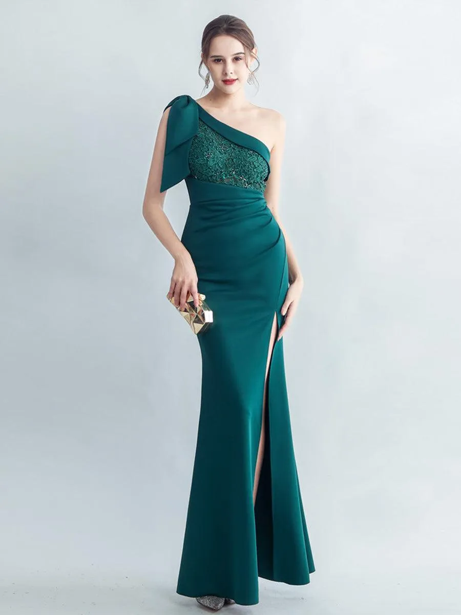 One Shoulder Panel Lace Split Prom Dress MYC2005
