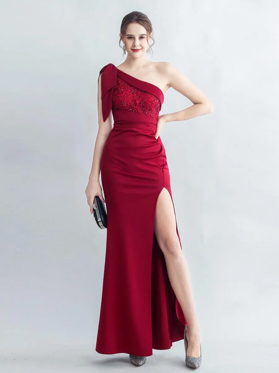 One Shoulder Panel Lace Split Prom Dress MYC2005