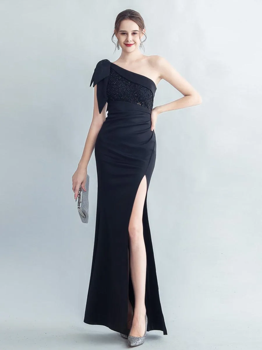 One Shoulder Panel Lace Split Prom Dress MYC2005