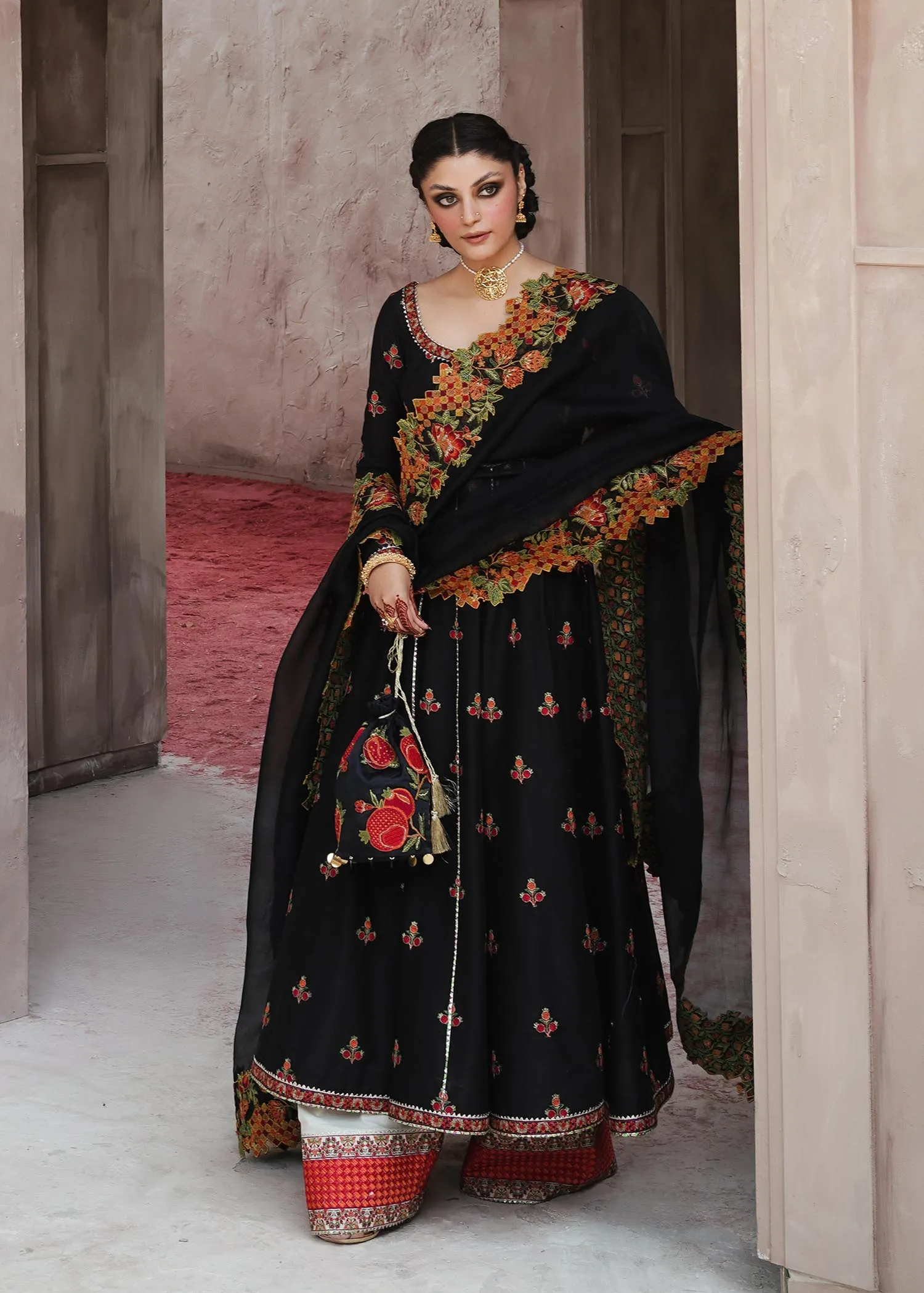 Pakistani Black Dress in Pishwas Style for Wedding