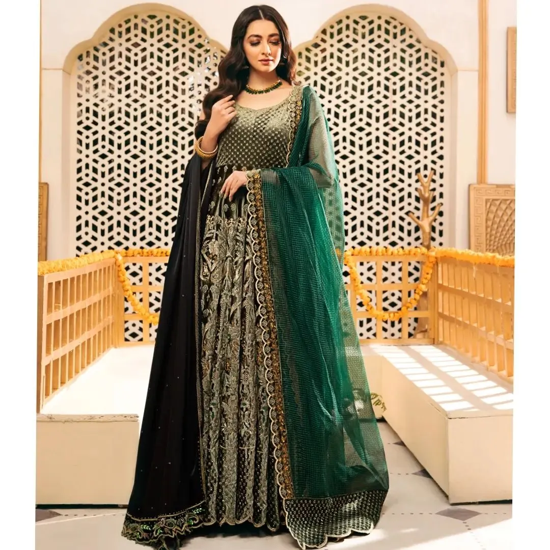 Pakistani Bridal Green Dress in Pishwas Frock Style