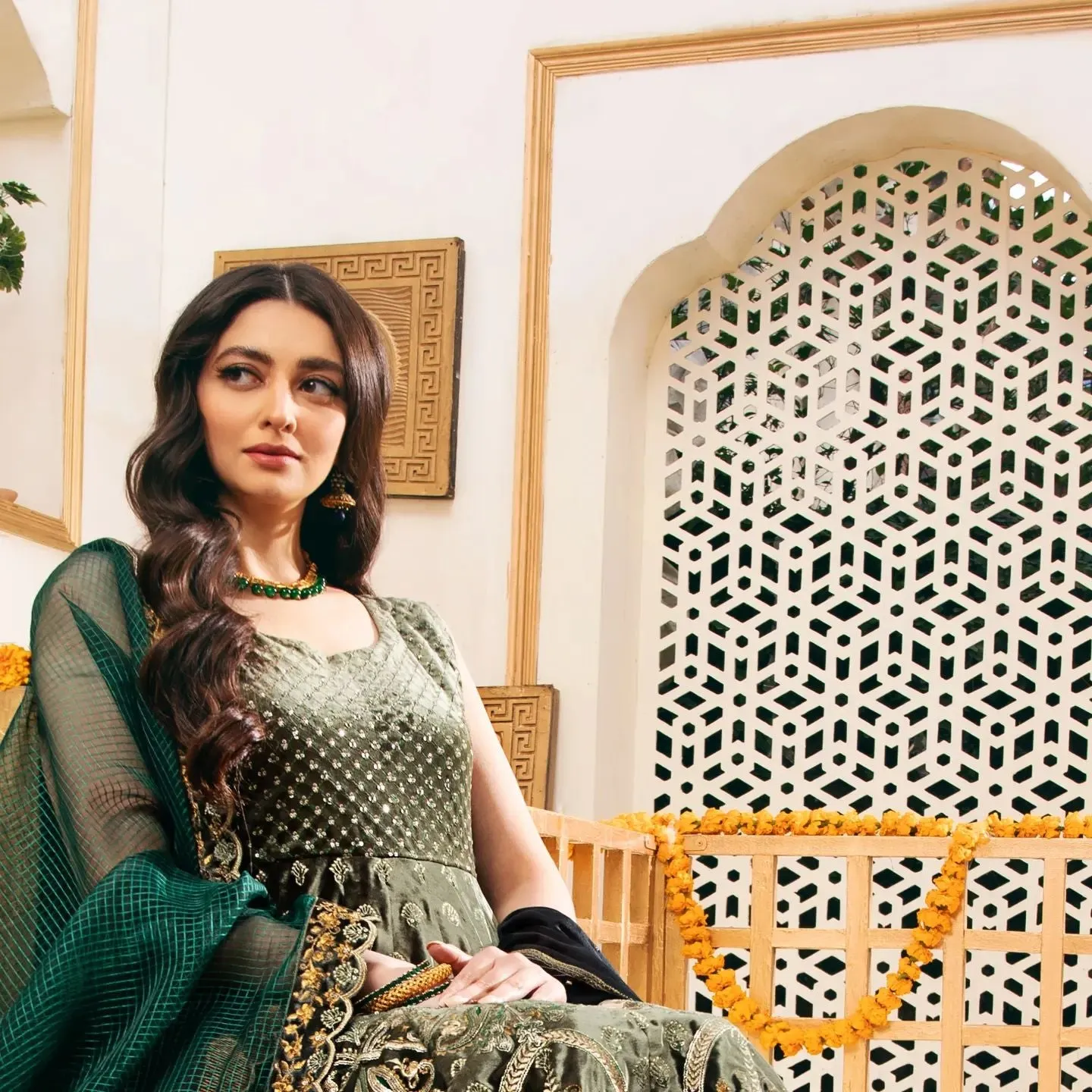 Pakistani Bridal Green Dress in Pishwas Frock Style