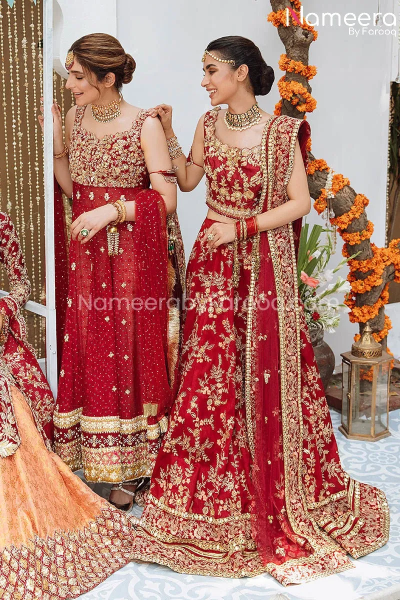 Pakistani Bridal Traditional Pishwas in Red #BS678