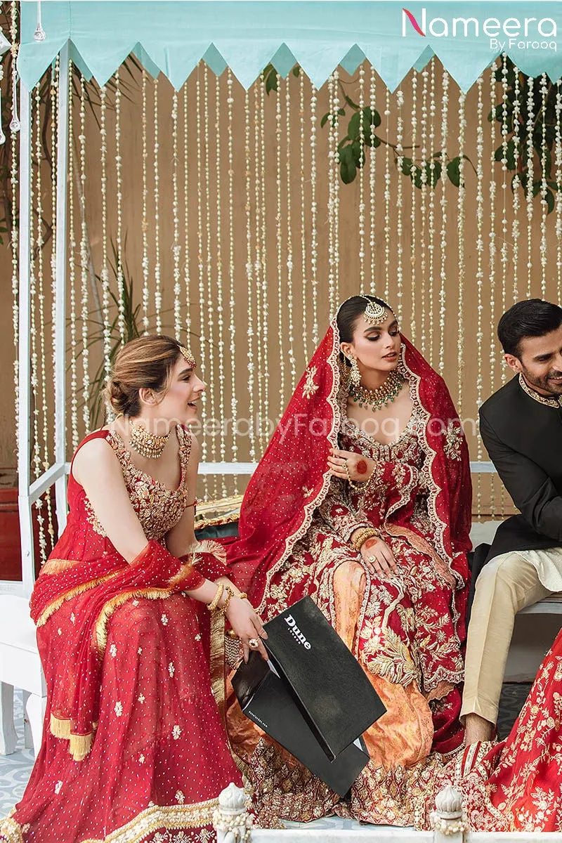 Pakistani Bridal Traditional Pishwas in Red #BS678
