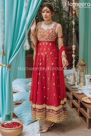 Pakistani Bridal Traditional Pishwas in Red #BS678