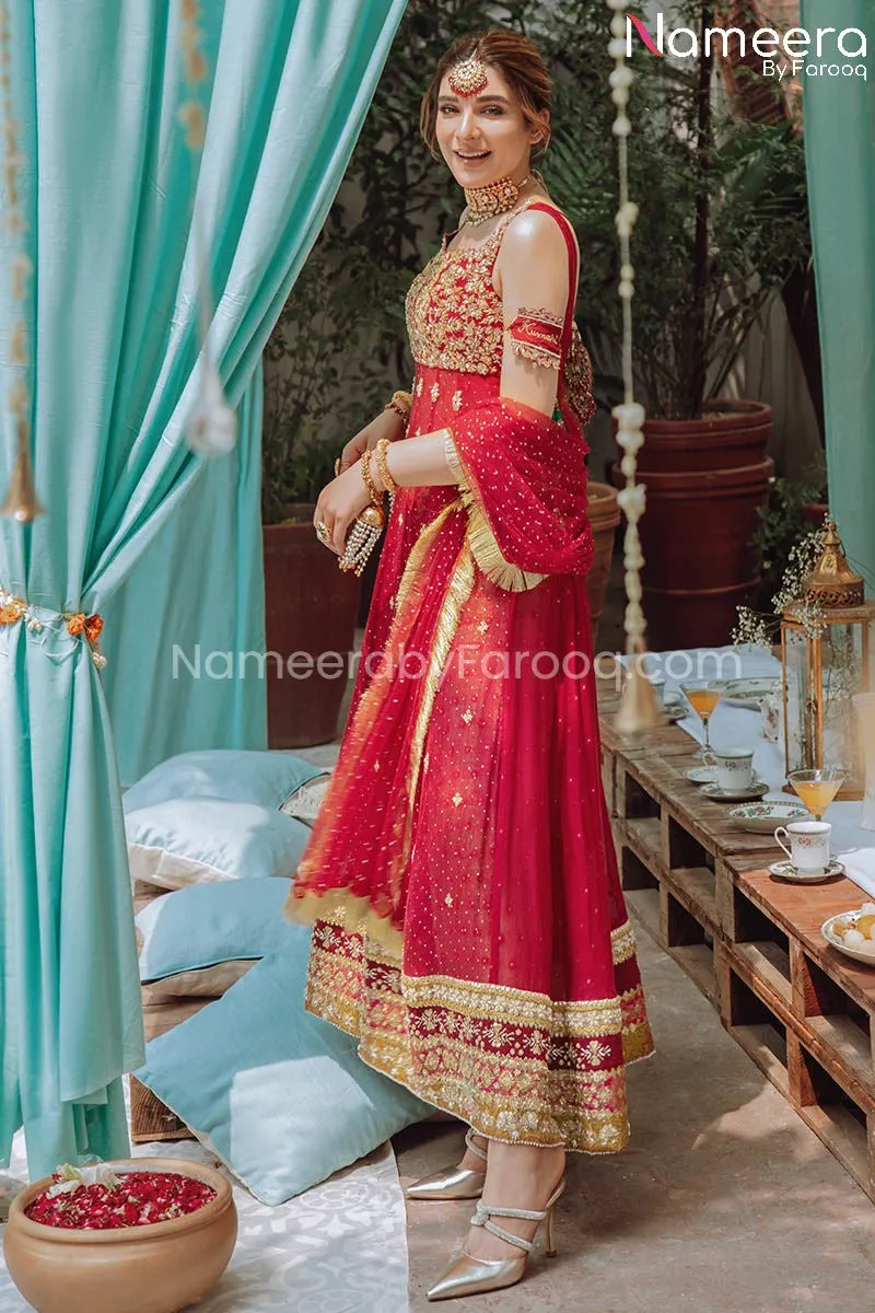 Pakistani Bridal Traditional Pishwas in Red #BS678