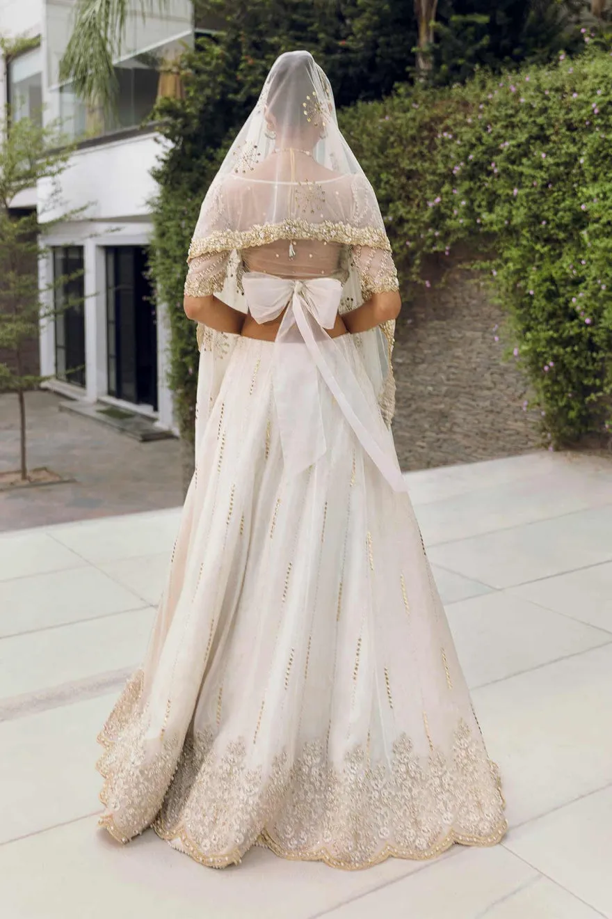 Pakistani Bridal White Gold Lehenga Choli Dupatta Dress