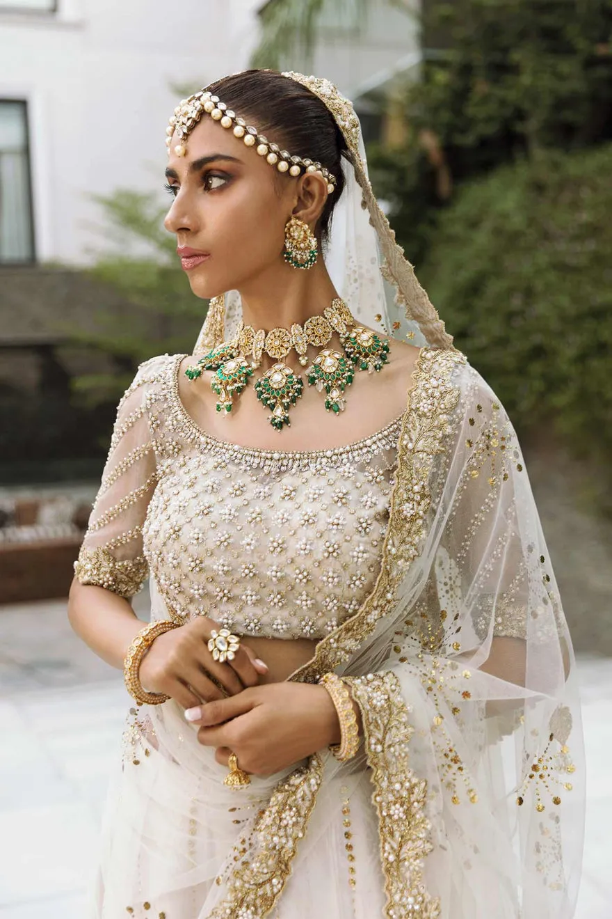 Pakistani Bridal White Gold Lehenga Choli Dupatta Dress