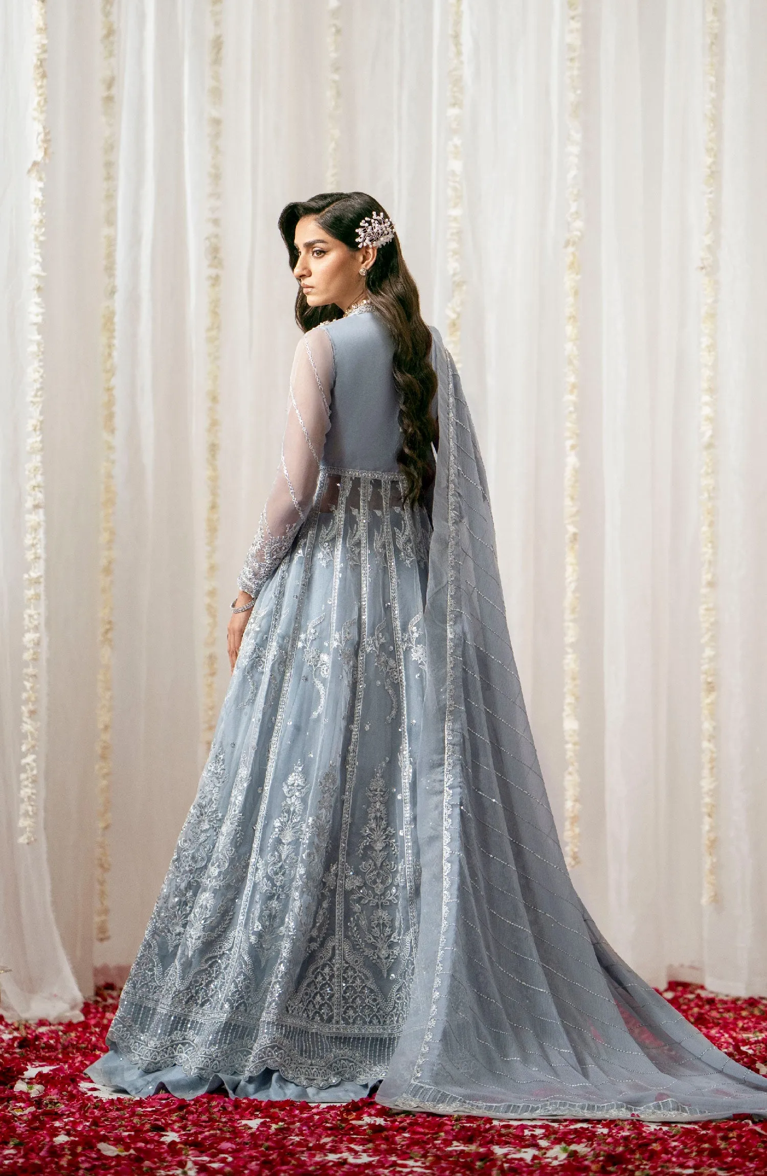 Pakistani Wedding Dress Royal Embroidered Pishwas Frock in Grey Shade