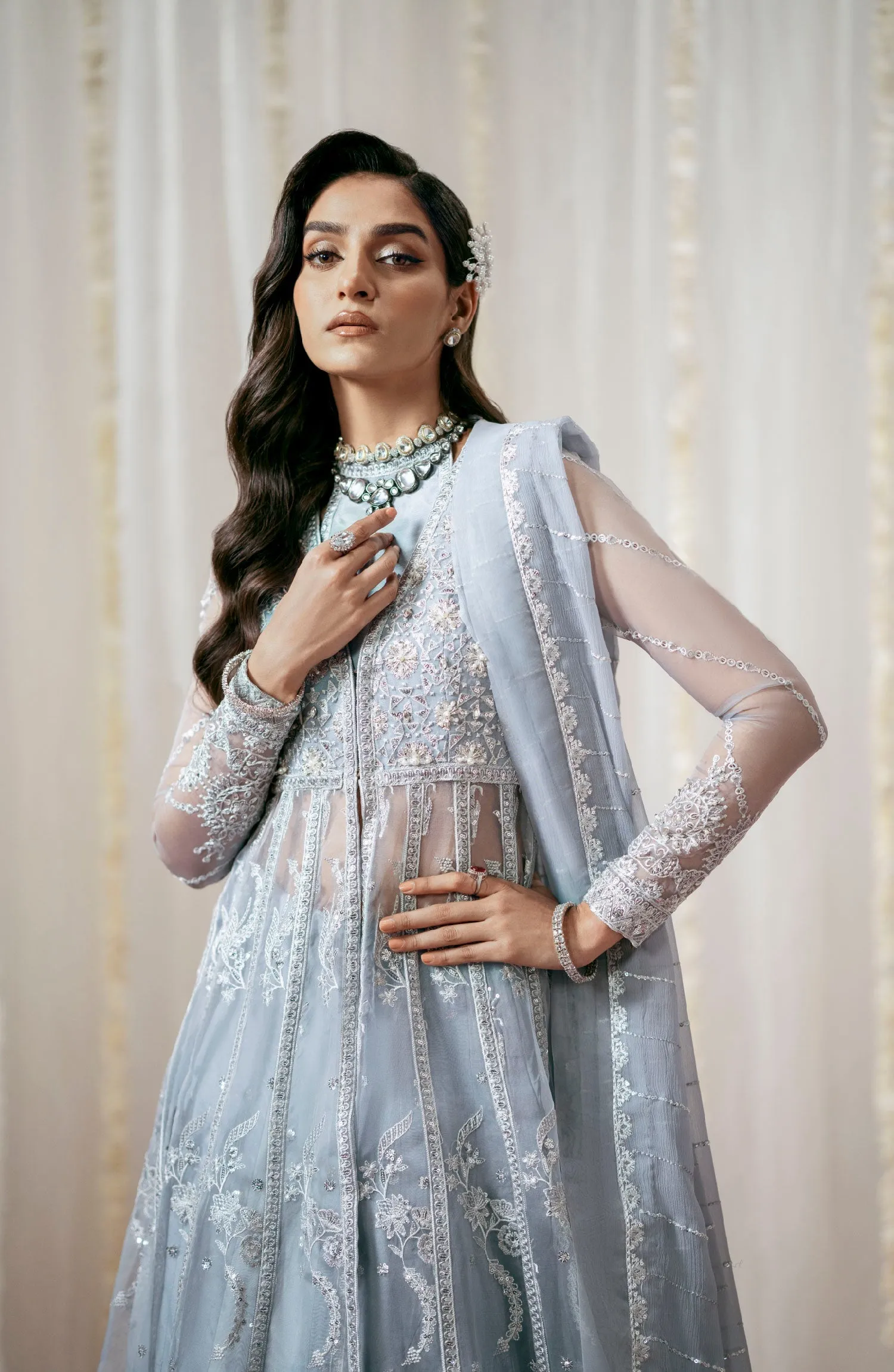 Pakistani Wedding Dress Royal Embroidered Pishwas Frock in Grey Shade