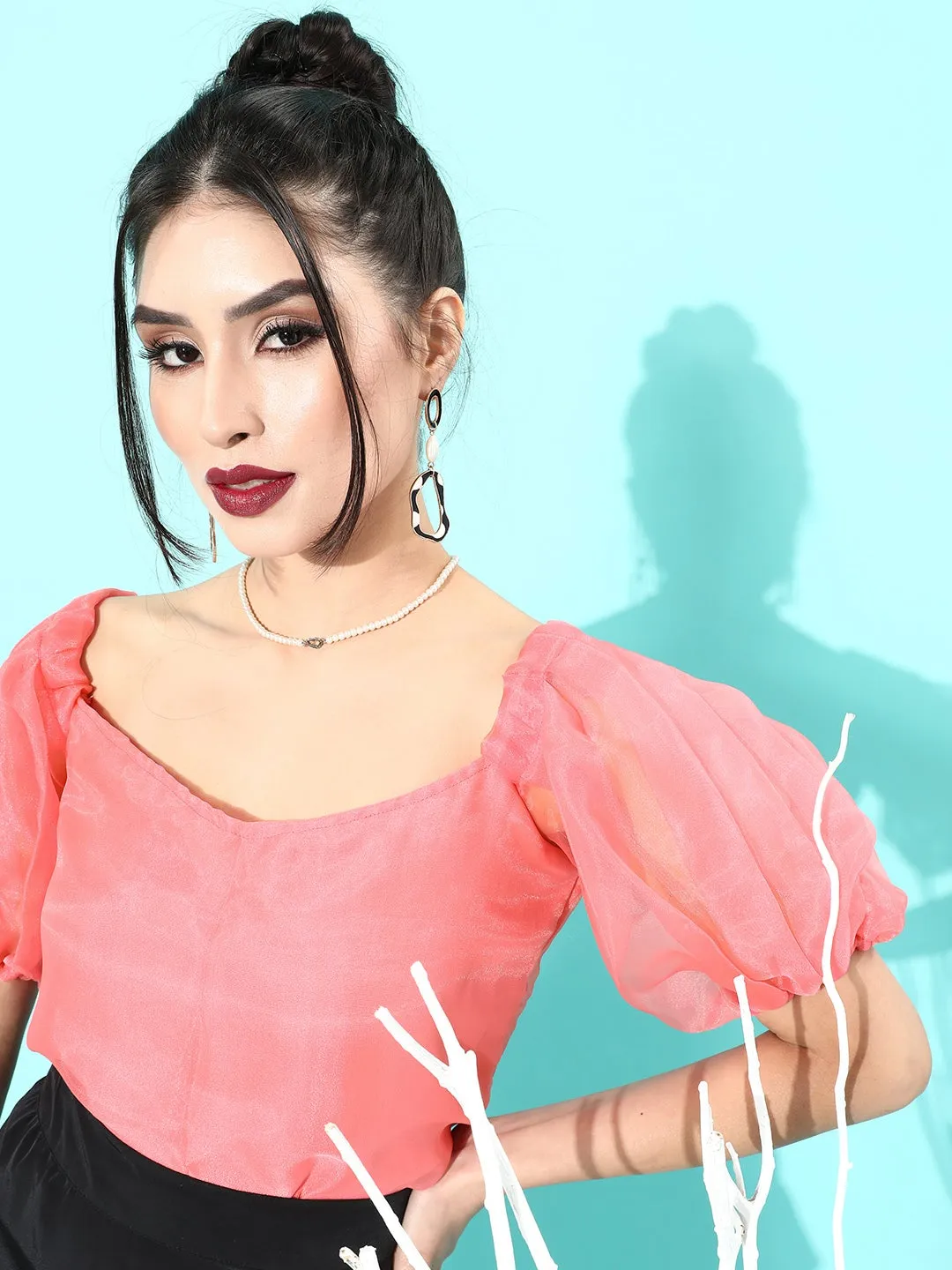 Peach Organza Puff Sleeve Top