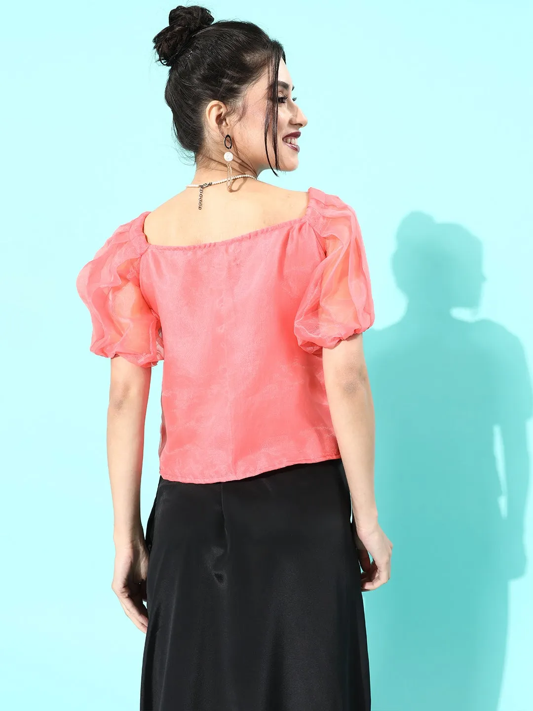 Peach Organza Puff Sleeve Top
