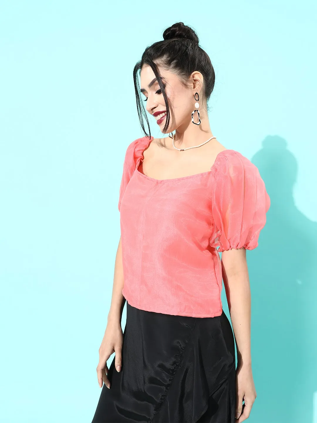 Peach Organza Puff Sleeve Top