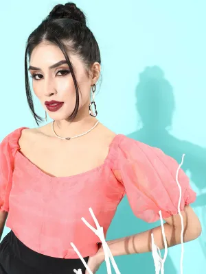 Peach Organza Puff Sleeve Top