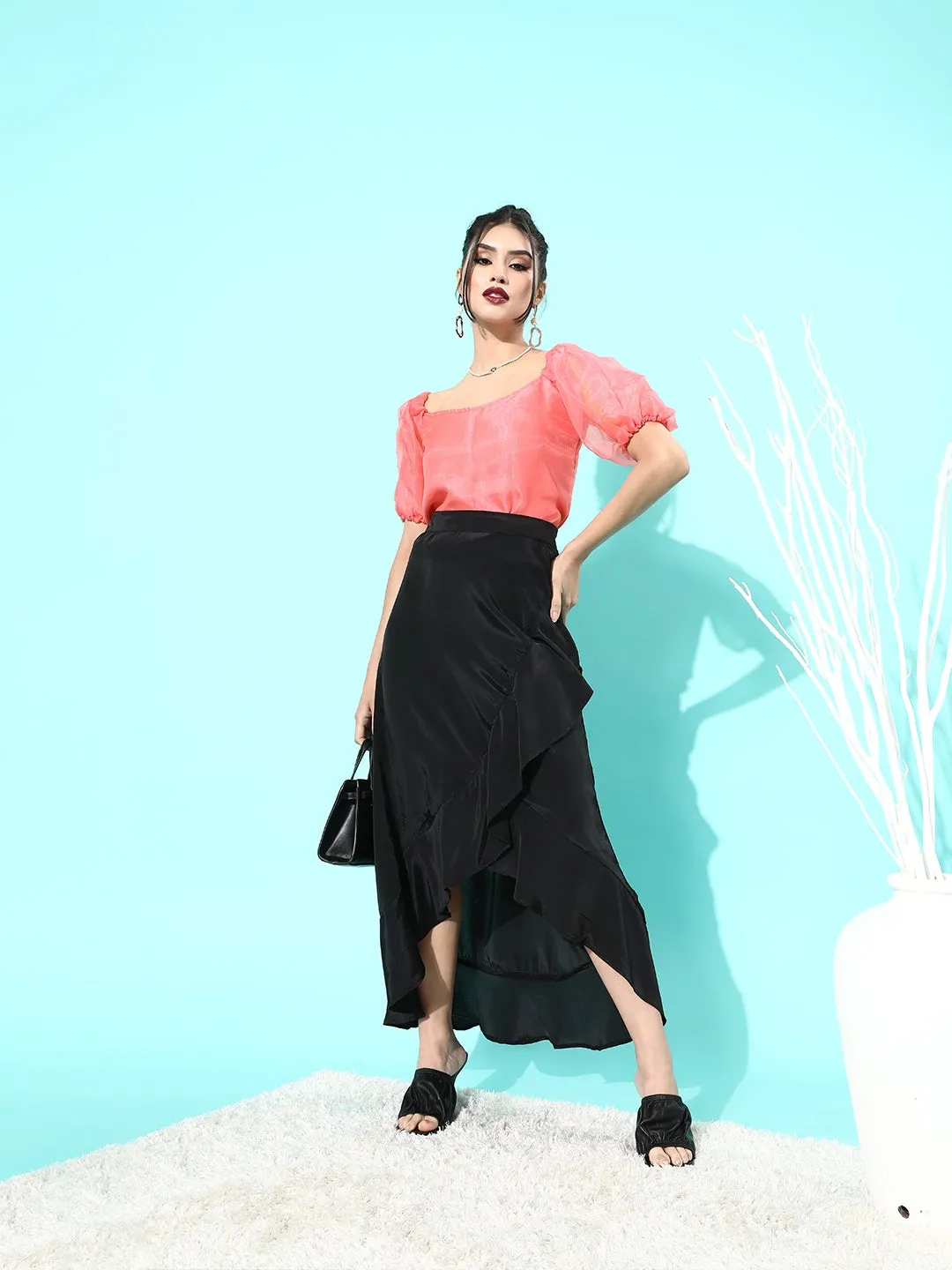Peach Organza Puff Sleeve Top