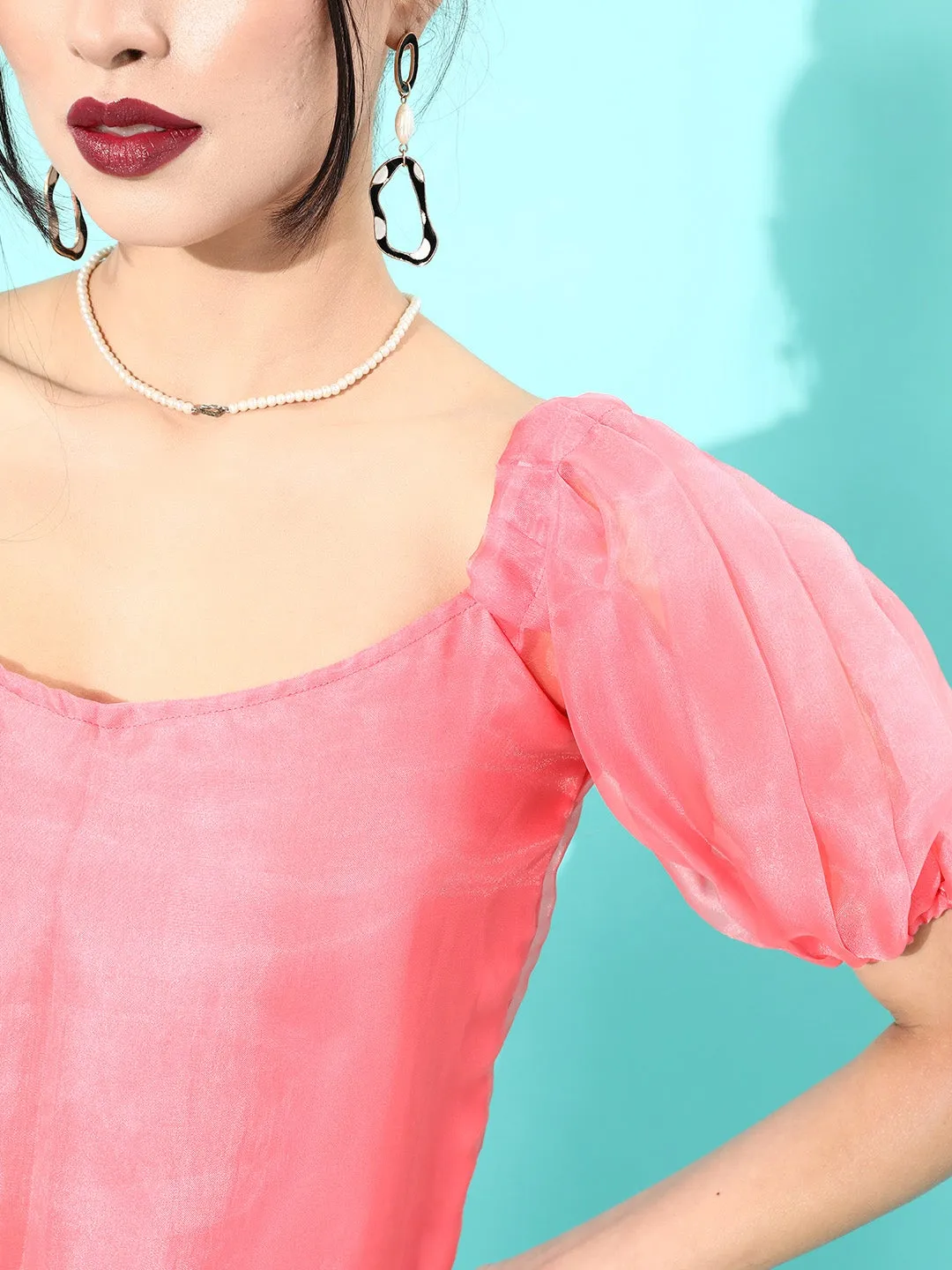 Peach Organza Puff Sleeve Top