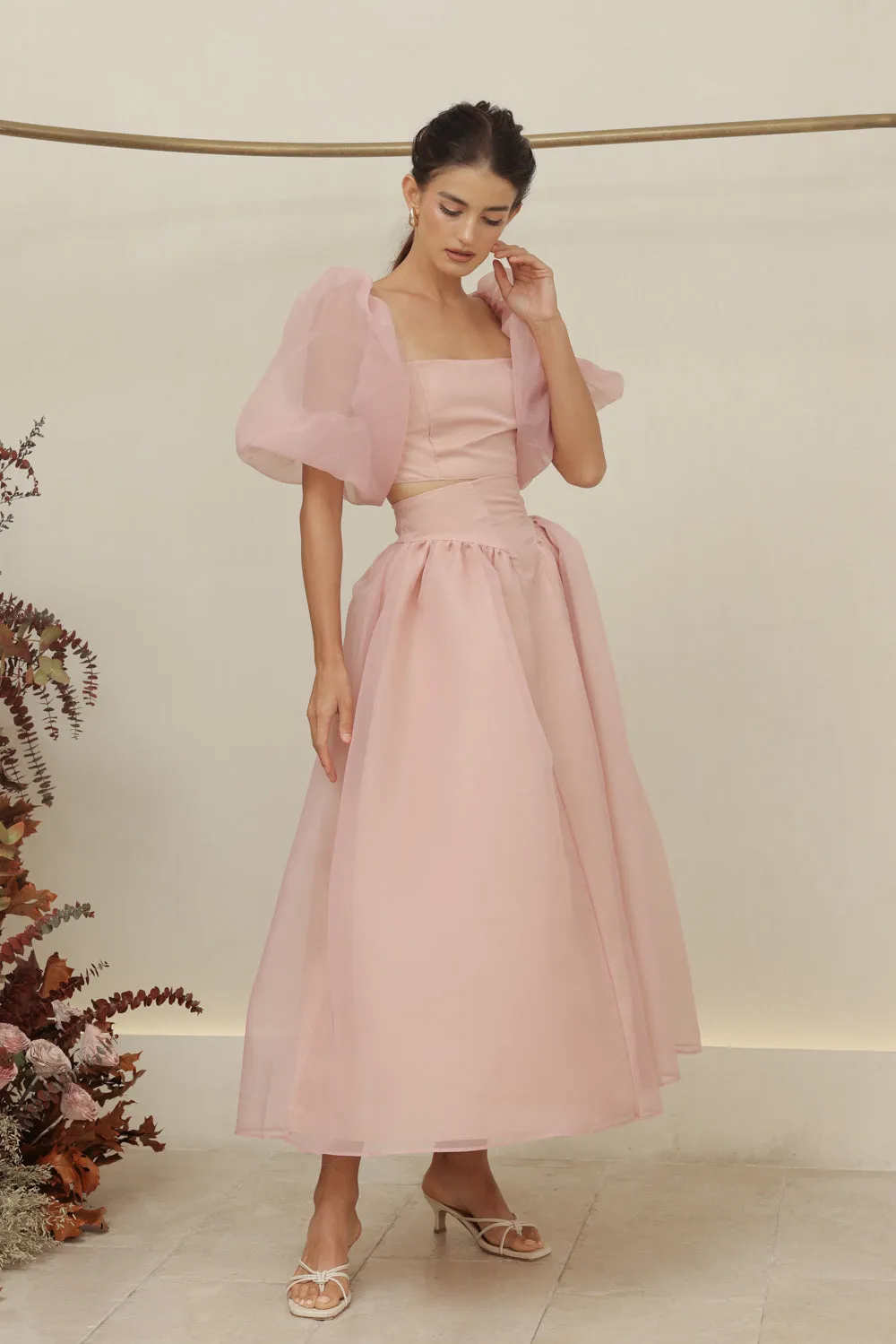 PERLA SET Puff Sleeve Top with Baroque Style High Waist Midi SkirT (Blush Matte Organdy)