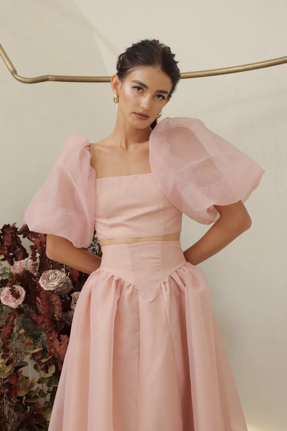PERLA SET Puff Sleeve Top with Baroque Style High Waist Midi SkirT (Blush Matte Organdy)