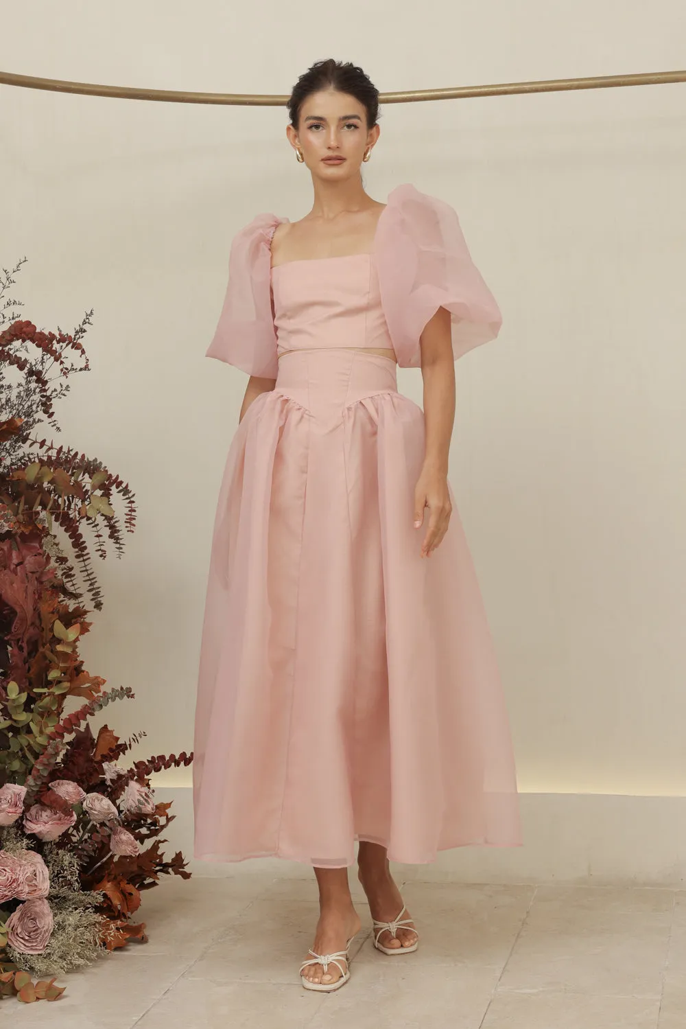PERLA SET Puff Sleeve Top with Baroque Style High Waist Midi SkirT (Blush Matte Organdy)
