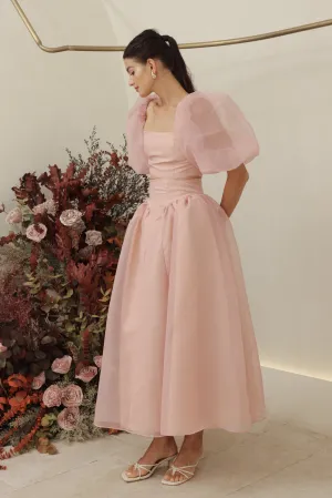 PERLA SET Puff Sleeve Top with Baroque Style High Waist Midi SkirT (Blush Matte Organdy)