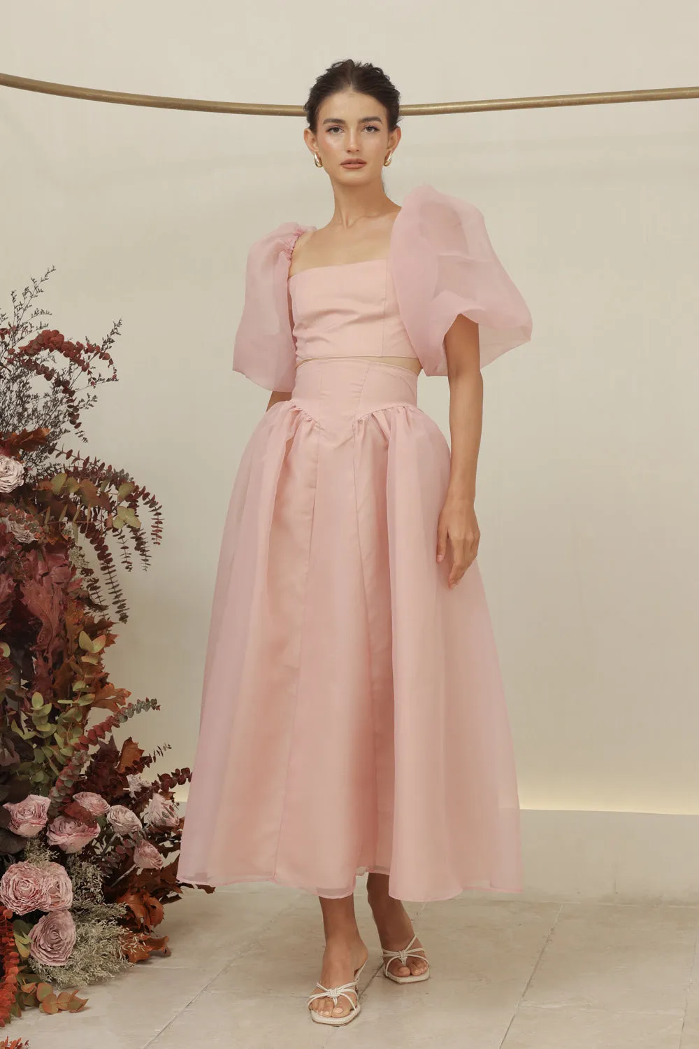 PERLA SET Puff Sleeve Top with Baroque Style High Waist Midi SkirT (Blush Matte Organdy)