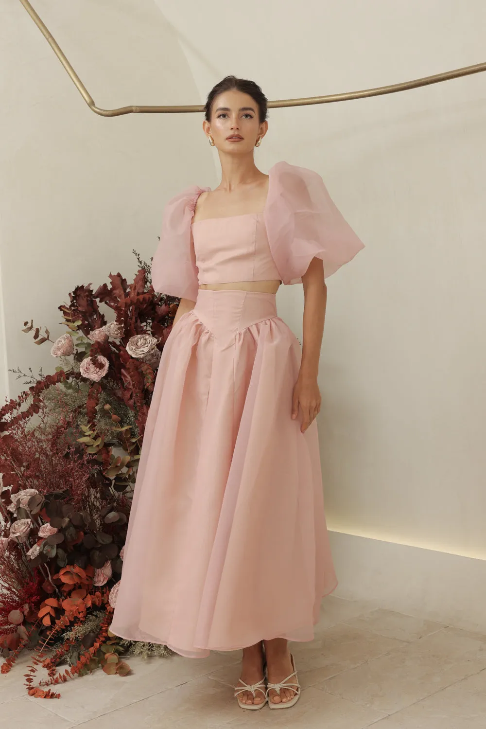 PERLA SET Puff Sleeve Top with Baroque Style High Waist Midi SkirT (Blush Matte Organdy)