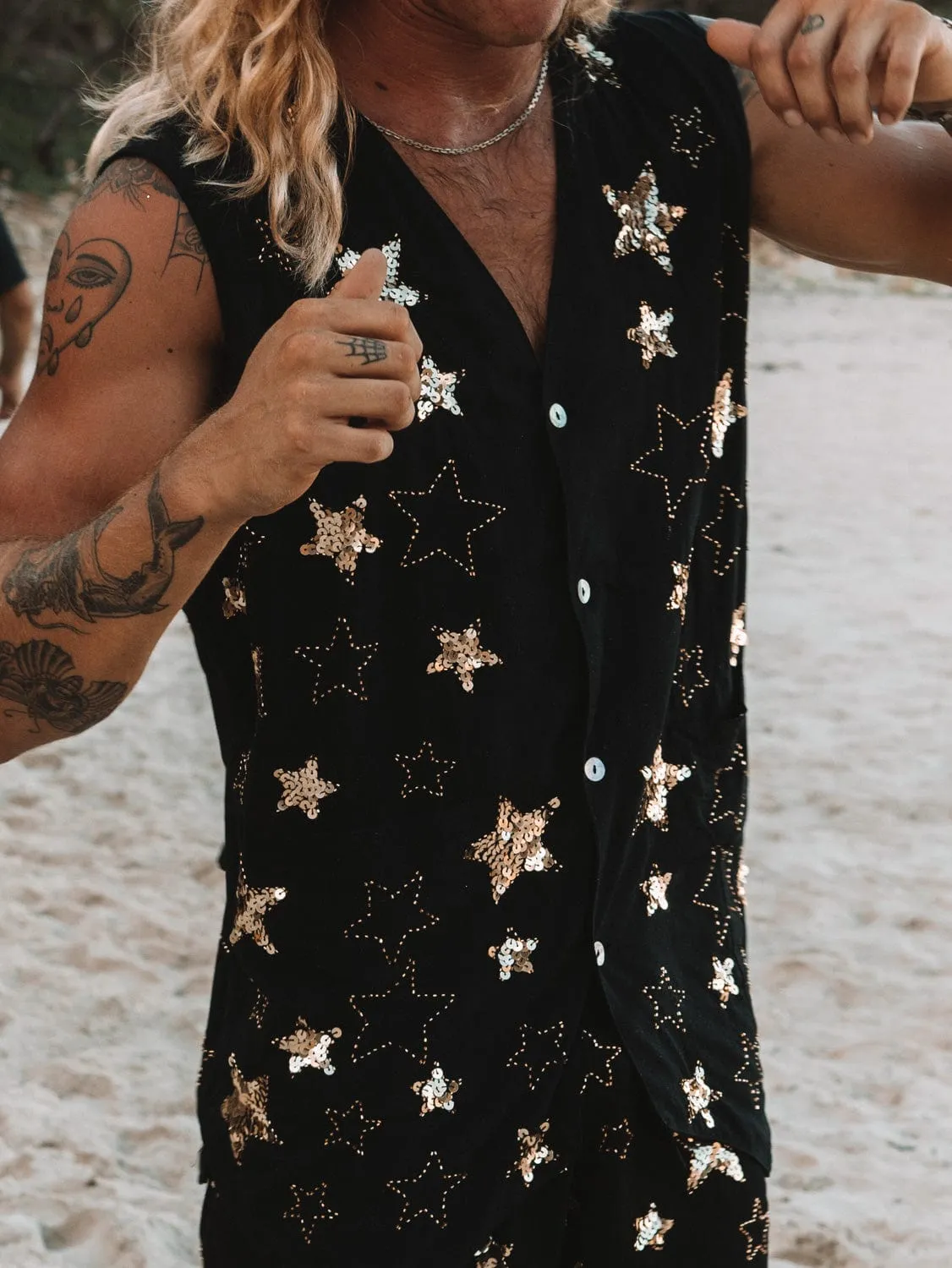 PHOENIX SEQUIN STAR MENS VEST - BLACK/GOLD