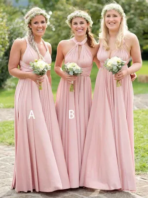 pink bridesmaid dresses long convertible chiffon cheap a line custom wedding party dresses 2020