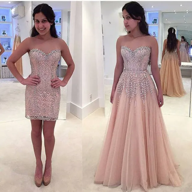 pink prom dresses 2020 sweetheart neck beaded detachable skirt elegant lace applique prom gown 2021