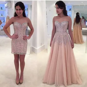 pink prom dresses 2020 sweetheart neck beaded detachable skirt elegant lace applique prom gown 2021
