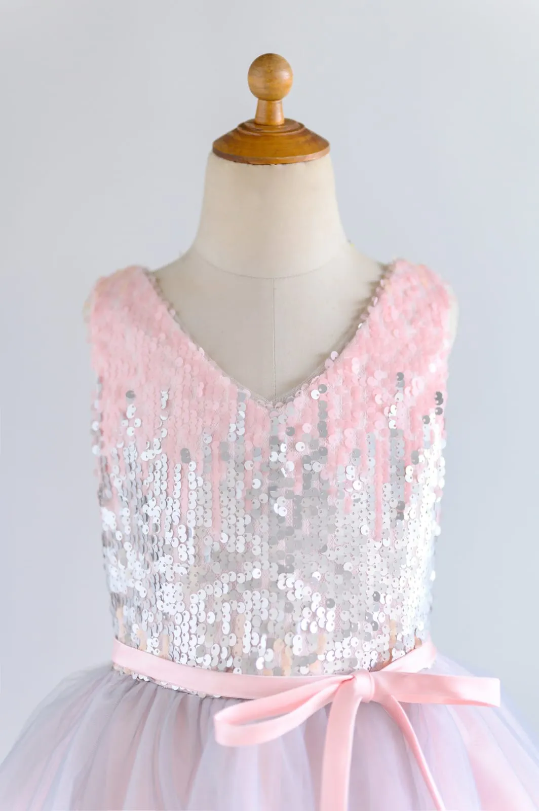 Pink Silver Gray Sequin Tulle V Neck Wedding Flower Girl Dress