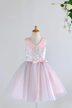 Pink Silver Gray Sequin Tulle V Neck Wedding Flower Girl Dress