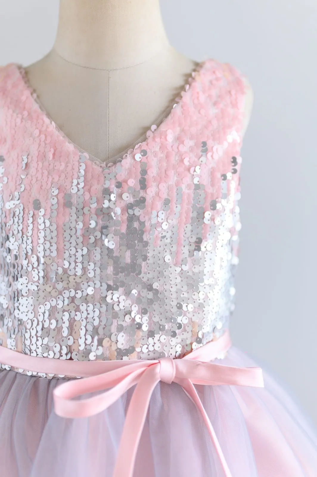 Pink Silver Gray Sequin Tulle V Neck Wedding Flower Girl Dress