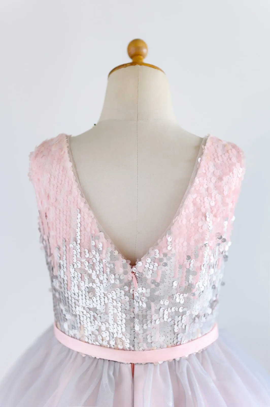 Pink Silver Gray Sequin Tulle V Neck Wedding Flower Girl Dress