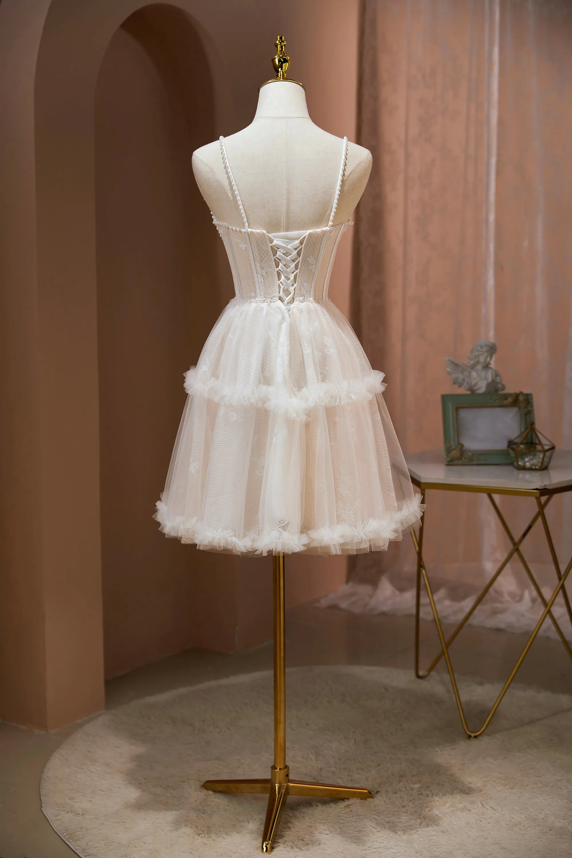 Pink Spaghetti Straps Beading Tulle Homecoming Dresses