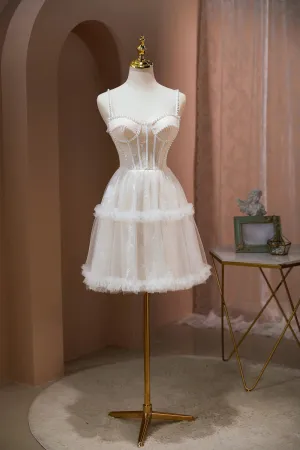 Pink Spaghetti Straps Beading Tulle Homecoming Dresses