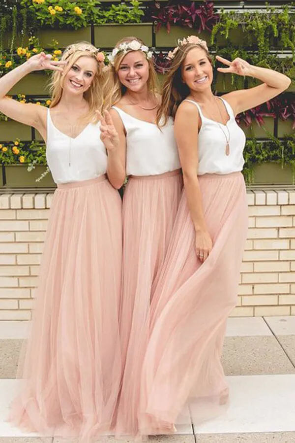 Pink Two Piece Tulle V-neck Long Bridesmaid Dresses, Wedding Party Dress, BD118