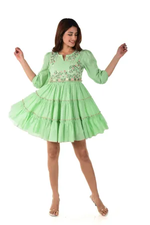 Pista Green Embroidered Dress