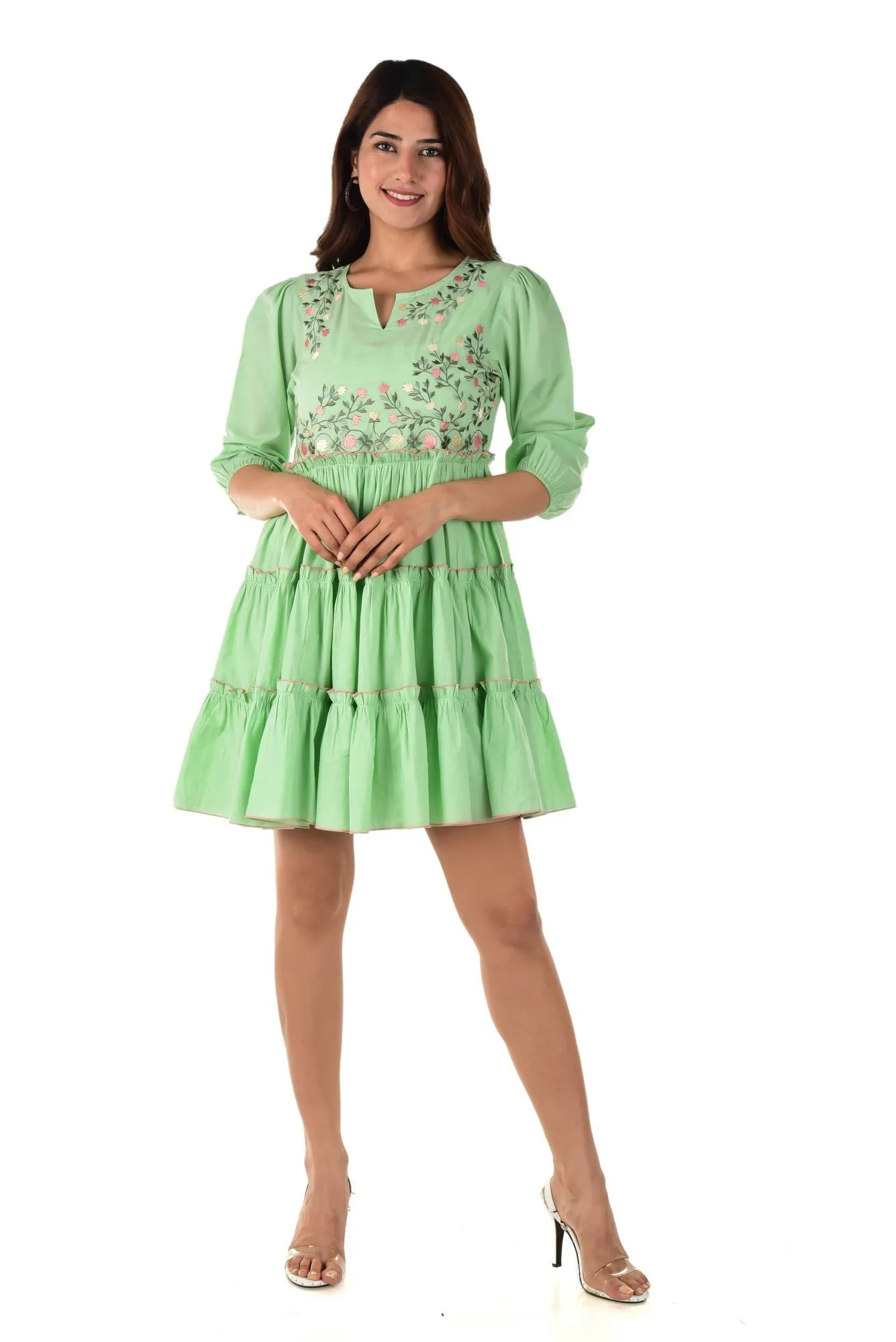 Pista Green Embroidered Dress
