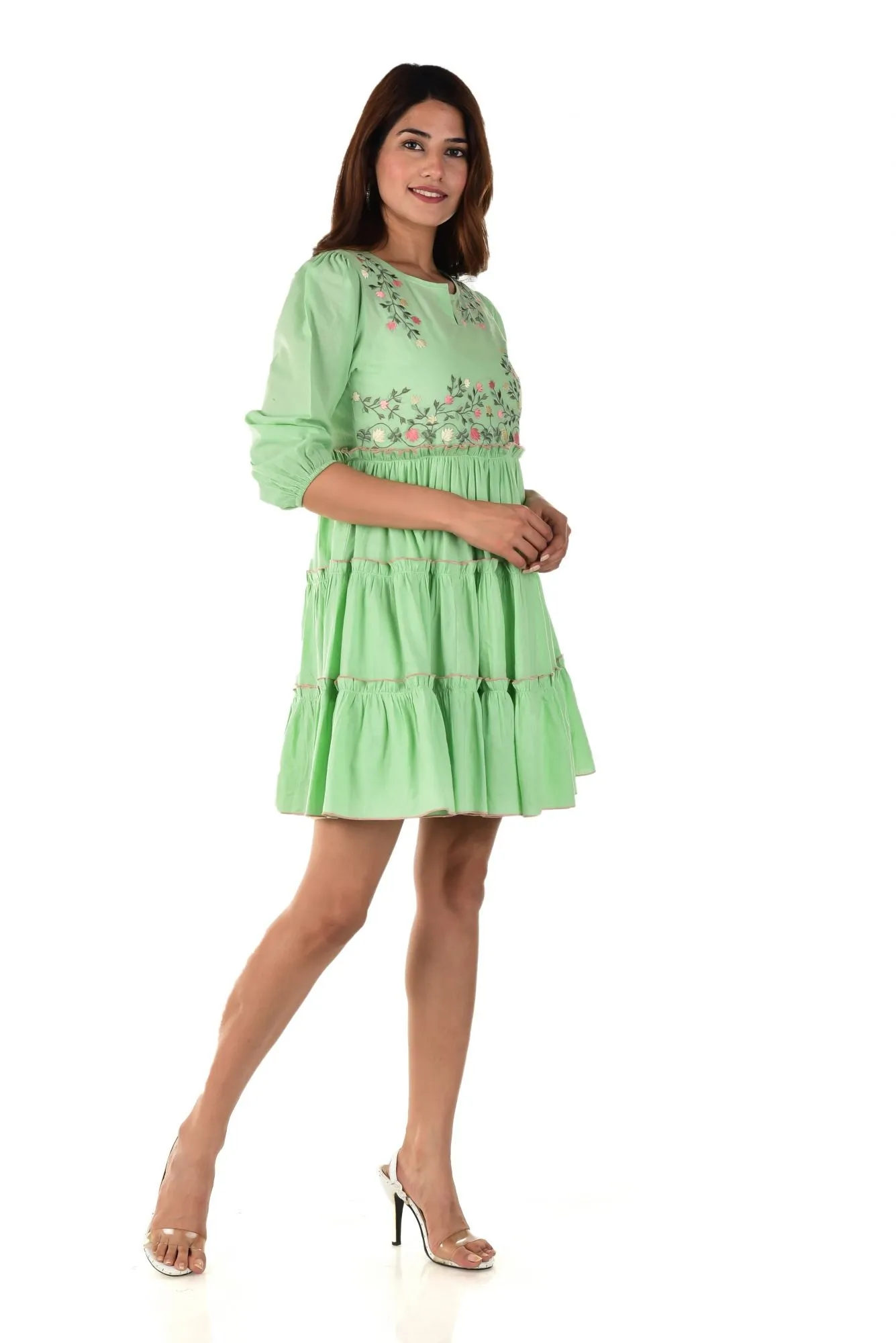 Pista Green Embroidered Dress