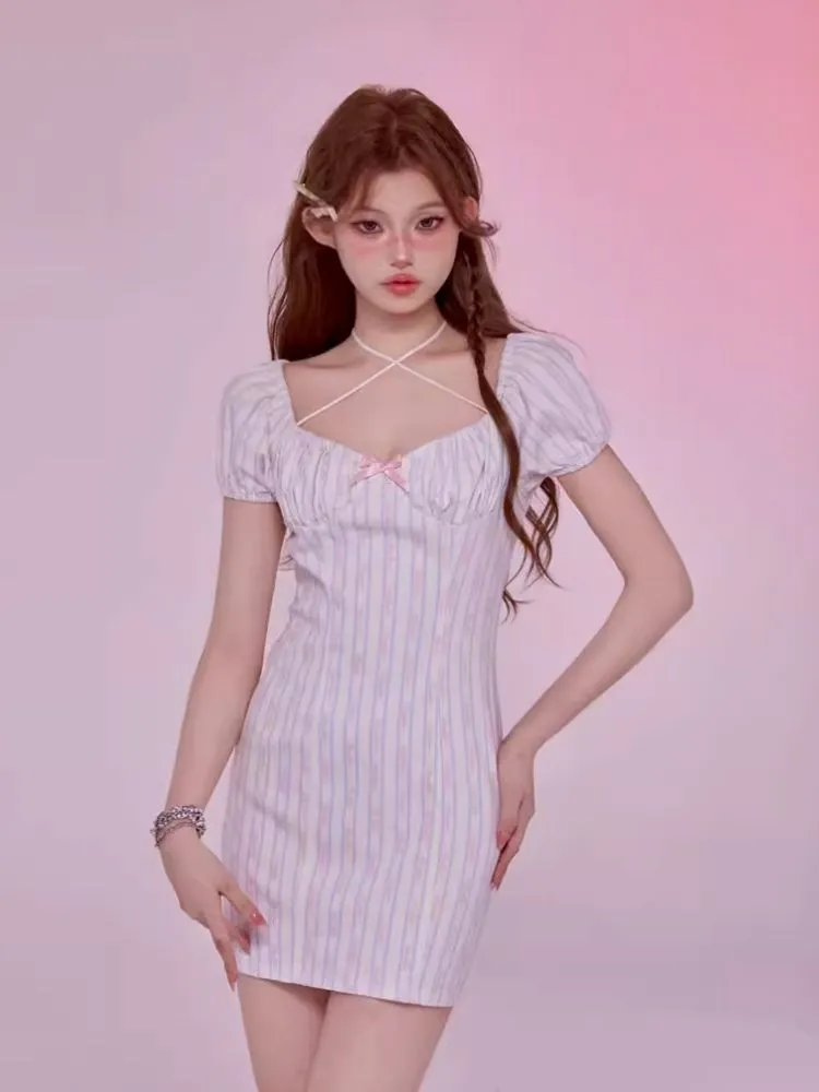 Pleated Lace-Up Neck Dresses【s0000006591】