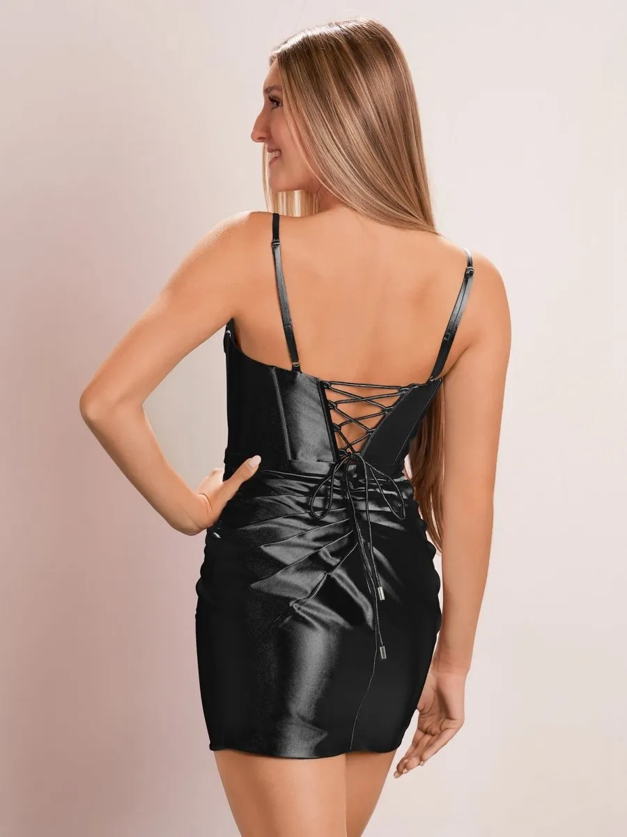 Pleated V-neck Spaghetti Straps Sheath Short Homecoming Dresses