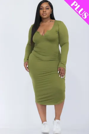 Plus Size Split Neck Long Sleeve Midi Dress